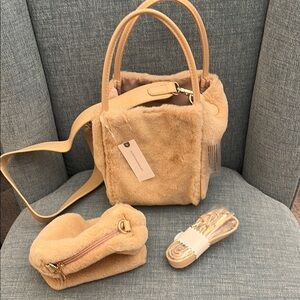 Anthropologie Beige Faux Fur Mini Tote with Strap and Pouch